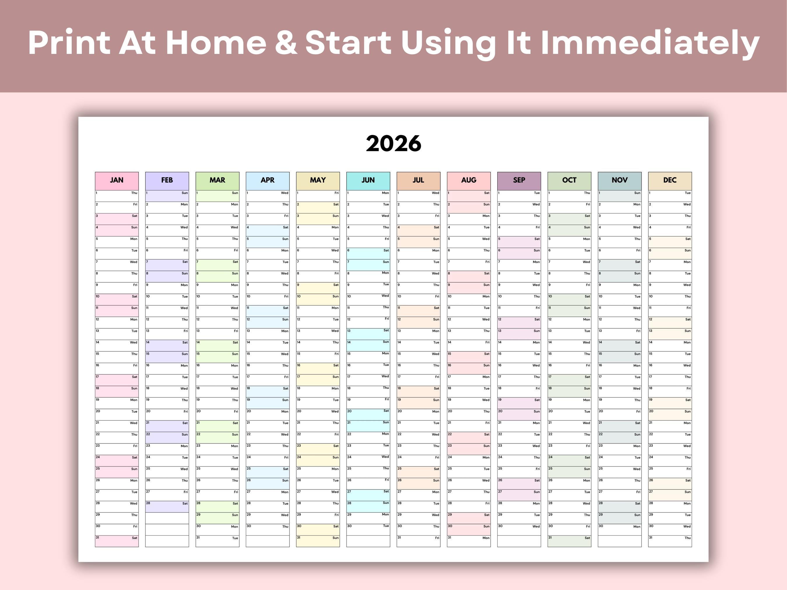 2026 Year Planner Printable, Wall Calendar 2026 PDF, A3 A4 A5 Sizes