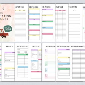 May include: A printable relocation planner with a colorful cover featuring a cartoon moving truck and the text "The Relocation Planner" and "We are Moving". The planner includes sections for expenses, the move, budget, inventory, moving day, relocating, moving insurance, moving checklist, moving company quotes, and a moving day planner.