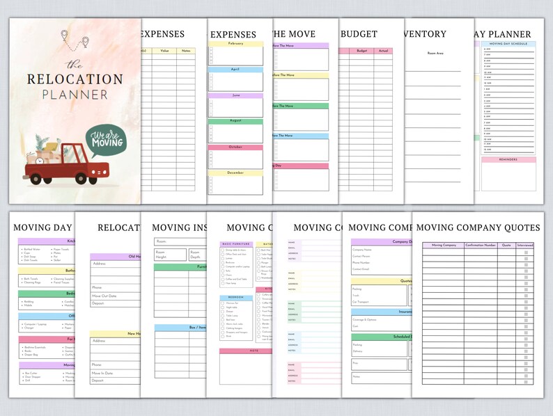 May include: A printable relocation planner with a colorful cover featuring a cartoon moving truck and the text "The Relocation Planner" and "We are Moving". The planner includes sections for expenses, the move, budget, inventory, moving day, relocating, moving insurance, moving checklist, moving company quotes, and a moving day planner.