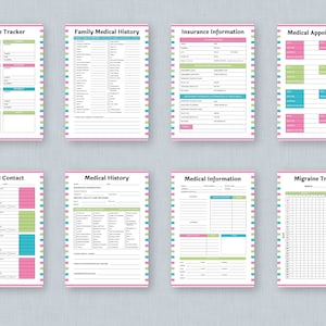 May include: Printable medical and health tracker pages with headings such as Exercise Tracker, Family Medical History, Insurance Information, Medical Appointments, Medical Contact, Medical History, Medical Information, and Migraine Tracker. The pages are designed with pink, blue, and green stripes.