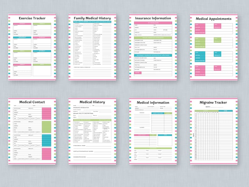 May include: Printable medical and health tracker pages with headings such as Exercise Tracker, Family Medical History, Insurance Information, Medical Appointments, Medical Contact, Medical History, Medical Information, and Migraine Tracker. The pages are designed with pink, blue, and green stripes.