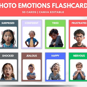 May include: Photo Emotions Flashcards, 30 cards, Canva editable. Each card shows an emotion: Surprised, Confident, Tired, Frustrated, Shocked, Jealous, Happy, and Nervous. The cards have colourful borders and images of children.