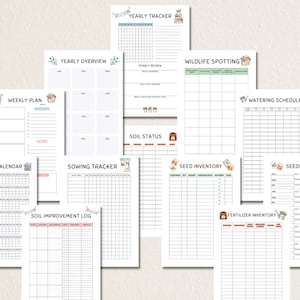 May include: A set of printable gardening planner pages with illustrations of gardening tools and plants. The pages include sections for weekly plans, yearly overview, vegetable calendar, sowing tracker, soil improvement log, soil status, watering schedule, seed inventory, seeding log, and fertilizer inventory.