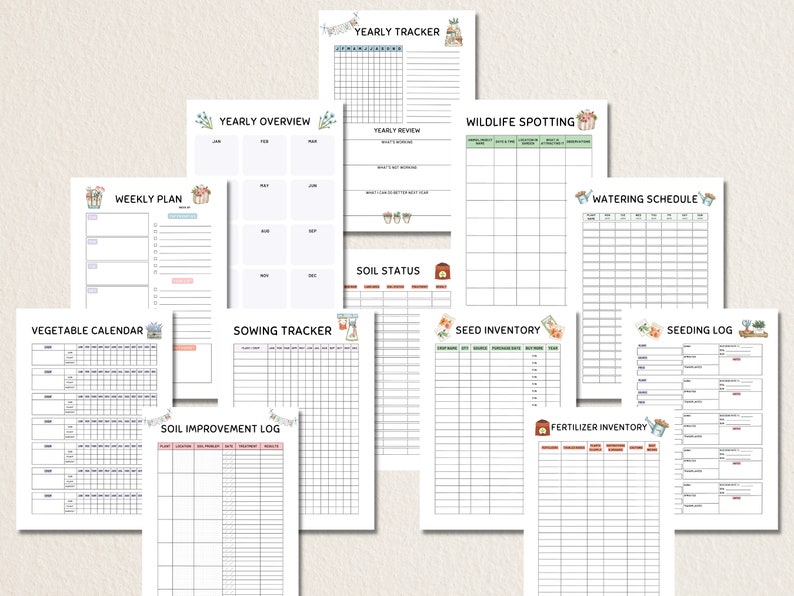 May include: A set of printable gardening planner pages with illustrations of gardening tools and plants. The pages include sections for weekly plans, yearly overview, vegetable calendar, sowing tracker, soil improvement log, soil status, watering schedule, seed inventory, seeding log, and fertilizer inventory.