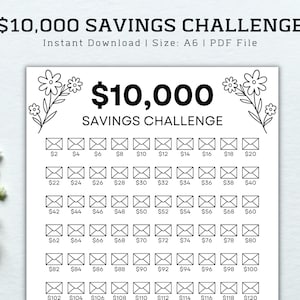 May include: A black and white printable savings challenge tracker with a floral design. The tracker is divided into 5 rows of 10 envelopes, each envelope representing a &pound;2 increment from &pound;2 to &pound;120. The text "&pound;10,000 Savings Challenge" is at the top of the tracker.