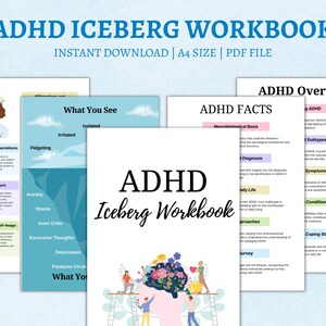 Puede incluir: Un libro de trabajo digital con una ilustraci&oacute;n de iceberg azul y verde. El libro de trabajo se titula "ADHD Iceberg Workbook" e incluye secciones sobre "What You See", "ADHD Facts" y "ADHD Overview".