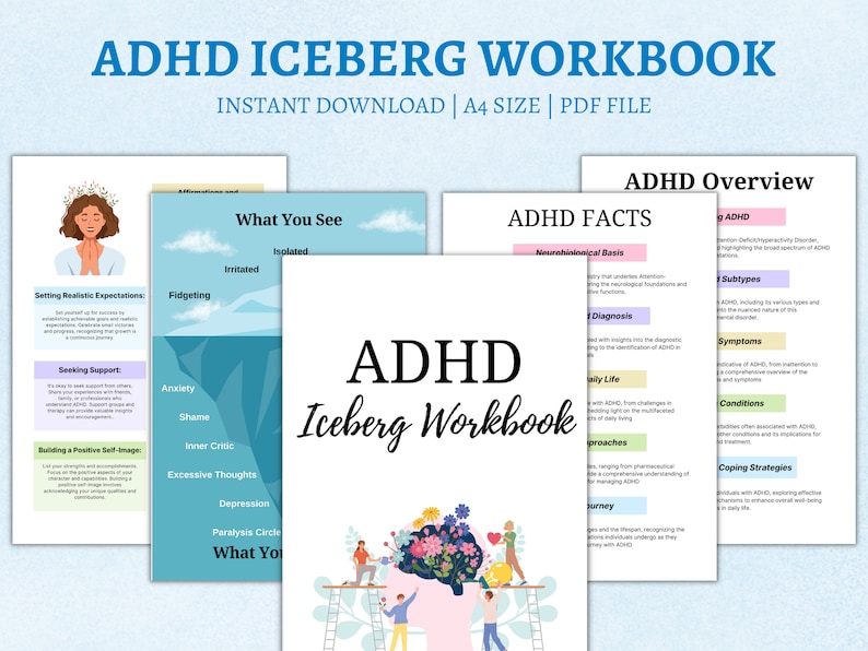Puede incluir: Un libro de trabajo digital con una ilustraci&oacute;n de iceberg azul y verde. El libro de trabajo se titula "ADHD Iceberg Workbook" e incluye secciones sobre "What You See", "ADHD Facts" y "ADHD Overview".