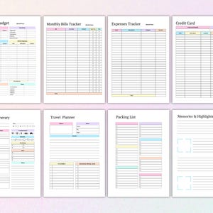 Pu&ograve; includere: Pagine di pianificatore stampabili con intestazioni colorate e righe per scrivere. Le pagine includono sezioni per budget mensile, tracciamento delle bollette, tracciamento delle spese, carta di credito, itinerario giornaliero, pianificatore di viaggio, lista di imballaggio e ricordi e punti salienti.