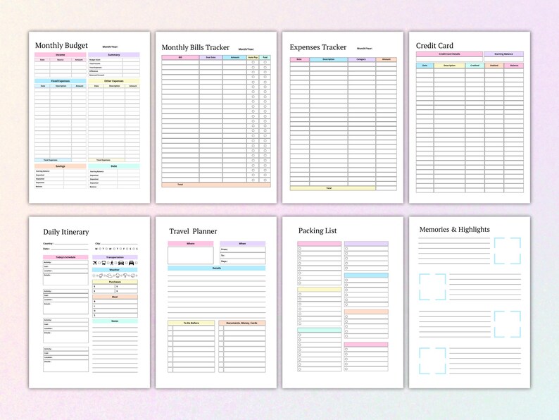 Pu&ograve; includere: Pagine di pianificatore stampabili con intestazioni colorate e righe per scrivere. Le pagine includono sezioni per budget mensile, tracciamento delle bollette, tracciamento delle spese, carta di credito, itinerario giornaliero, pianificatore di viaggio, lista di imballaggio e ricordi e punti salienti.
