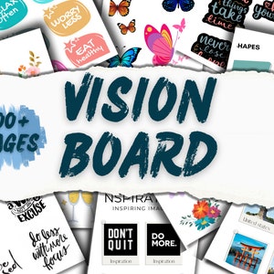 Könnte beinhalten: Ein Vision Board mit über 100 Seiten mit inspirierenden Zitaten und Bildern. Das Board enthält Zitate wie "Relax Often", "Worry Less", "Eat Healthy", "Never Lose Hope" und "Do More". Das Board enthält auch Bilder von Schmetterlingen, Blumen und Reisezielen.