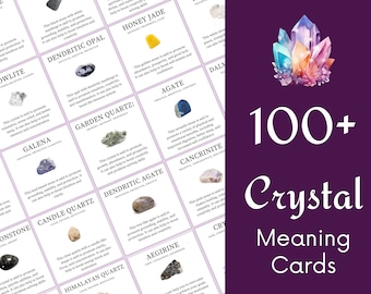 May include: A set of 100+ crystal meaning cards with colorful illustrations of different crystals and their names and properties. The cards are arranged in a grid pattern on a purple background.