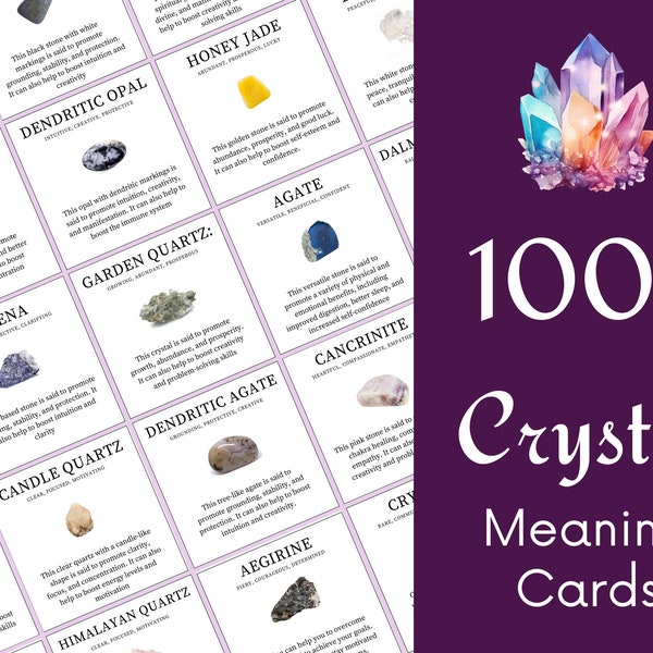 100 Editable Crystal Meaning Cards, Printable Gemstone Meaning Cards, Printable Gemstone Cards, Digital Crystal Cards, Instant Download