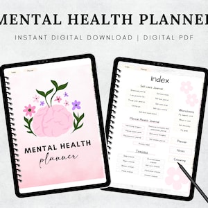 May include: Digital mental health planner displayed on a tablet. The cover features a pink brain illustration with flowers and the words "Mental Health Planner". The planner's index is visible, with sections for self-care, mental health, and trackers.