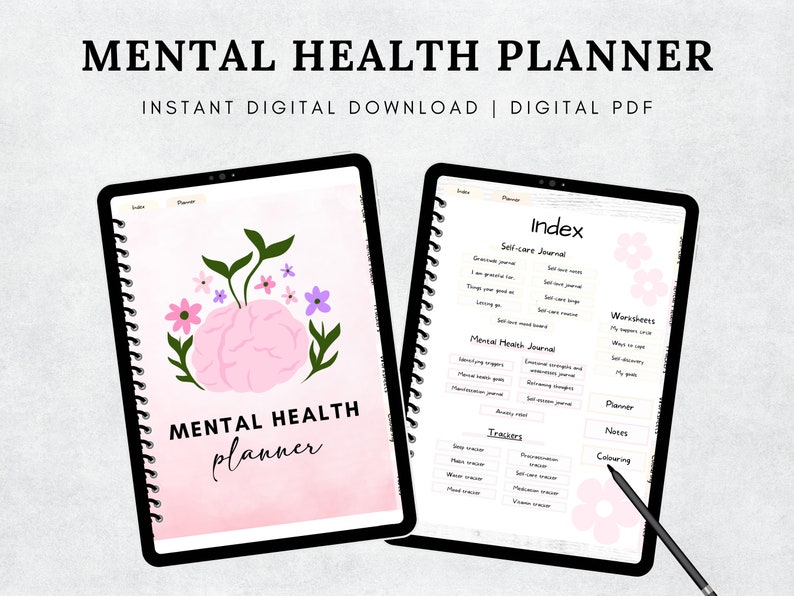 May include: Digital mental health planner displayed on a tablet. The cover features a pink brain illustration with flowers and the words "Mental Health Planner". The planner's index is visible, with sections for self-care, mental health, and trackers.