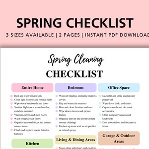 May include: A printable spring cleaning checklist with sections for the entire home, bedroom, office space, kitchen, living and dining areas, and garage and outdoor areas. The checklist is organized into categories with bullet points of tasks to complete.