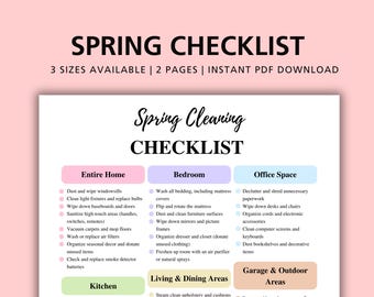 Könnte beinhalten: Eine druckbare Frühjahrsputz-Checkliste mit Abschnitten für das gesamte Haus, Schlafzimmer, Büro, Küche, Wohn- und Essbereich sowie Garage und Außenbereich. Die Checkliste ist in Kategorien mit Aufzählungszeichen für zu erledigende Aufgaben gegliedert.