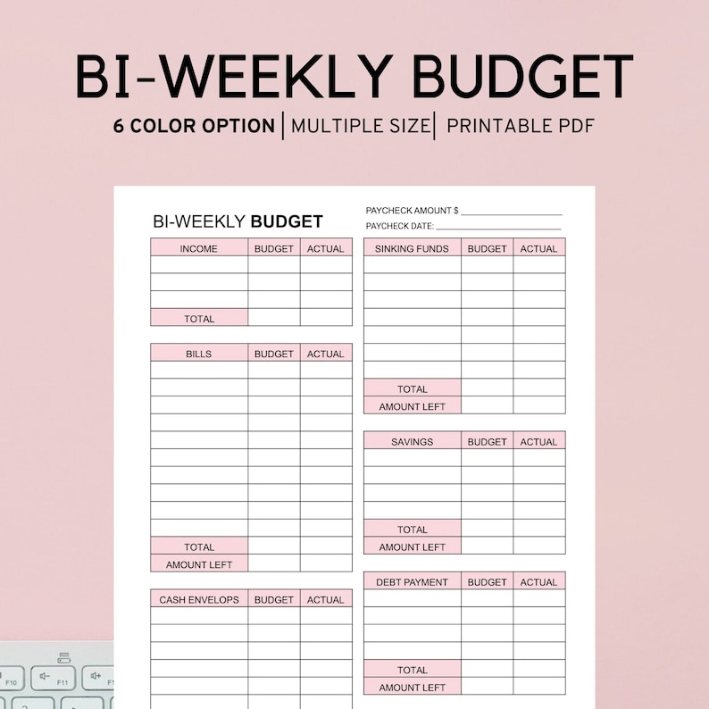 May include: A printable bi-weekly budget planner sheet with black text on a white background. The document features sections for income, bills, cash envelopes, sinking funds, savings, and debt payments, each with columns for budget and actual amounts.