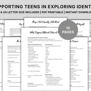 May include: A set of printable worksheets designed to help teens explore their identity. Titles include "Mixed Feeling," "What Triggers Different Sides of Me," and "I'm Growing Into." The text is black on a white background, with the words "10 PAGES" in a circle.