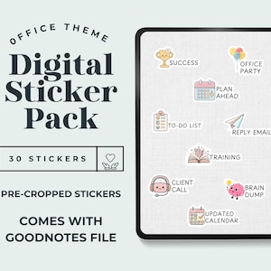 May include: Digital sticker pack with an office theme. The image shows a tablet with various stickers, including "Success," "Office Party," and "To-Do List." The text on the image reads "30 Stickers" and "Pre-cropped Stickers."