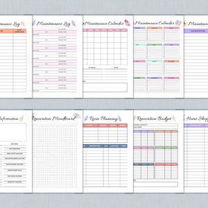 May include: Printable home organization planner pages with floral accents. The pages include sections for maintenance logs, calendars, house information, renovation mood boards, room planning, renovation budgets, and home shopping lists.