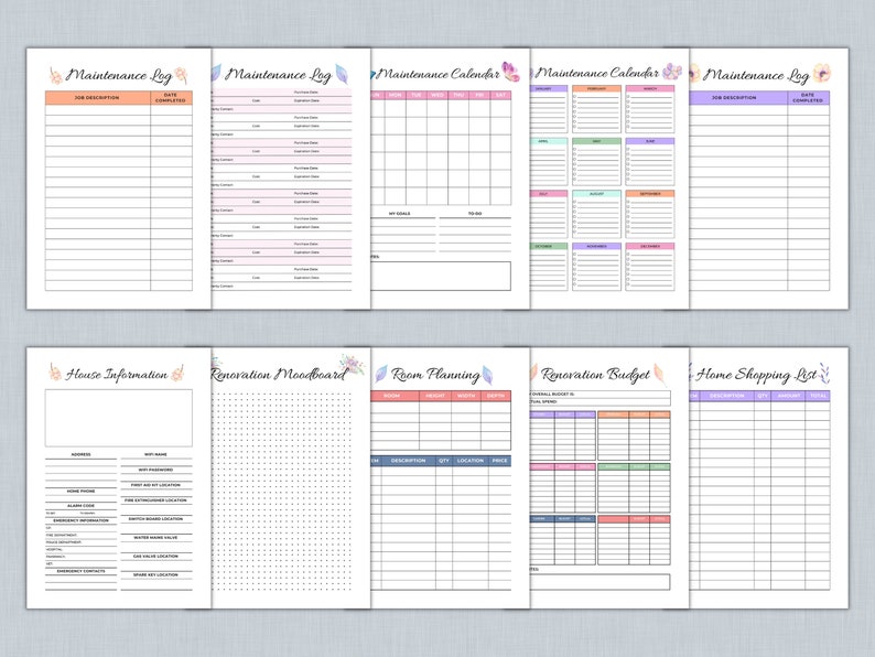 May include: Printable home organization planner pages with floral accents. The pages include sections for maintenance logs, calendars, house information, renovation mood boards, room planning, renovation budgets, and home shopping lists.