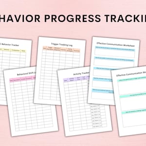 Op de afbeelding: Vijf printbare werkbladen voor het bijhouden van gedragsvoortgang. De werkbladen zijn getiteld "ABC Behavior Tracker", "Trigger Tracking Log", "Behavioral Shift Log", "Activity Tracker" en "Effective Communication Worksheet".