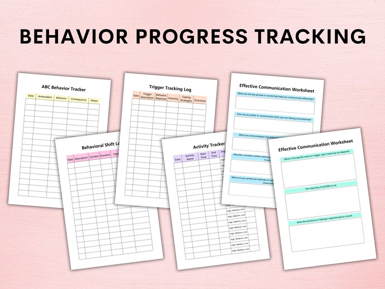 Op de afbeelding: Vijf printbare werkbladen voor het bijhouden van gedragsvoortgang. De werkbladen zijn getiteld "ABC Behavior Tracker", "Trigger Tracking Log", "Behavioral Shift Log", "Activity Tracker" en "Effective Communication Worksheet".