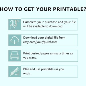 May include: A light blue graphic with the text "HOW TO GET YOUR PRINTABLE?" and instructions: complete purchase, download from etsy.com, print pages, and plan use. The image includes icons for each step.