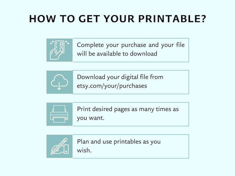 May include: A light blue graphic with the text "HOW TO GET YOUR PRINTABLE?" and instructions: complete purchase, download from etsy.com, print pages, and plan use. The image includes icons for each step.