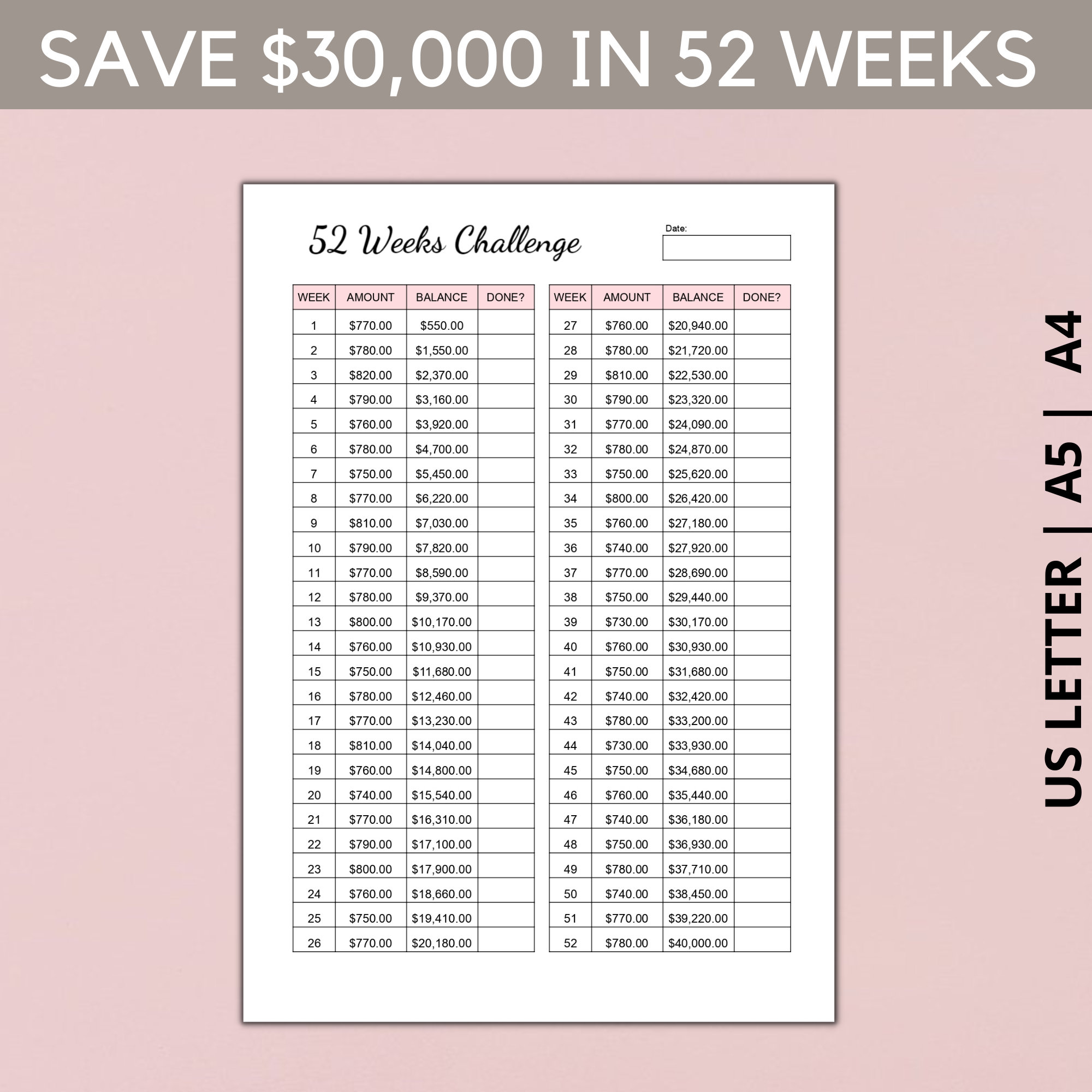 52 Week Savings Challenge, 40,000 Savings Challenge Tracker, Money ...