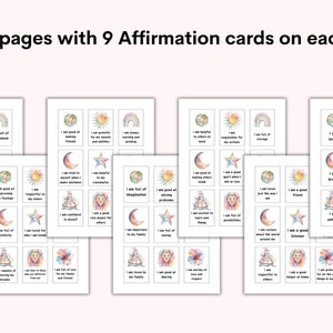 Puede incluir: Siete p&aacute;ginas de tarjetas de afirmaci&oacute;n imprimibles con ilustraciones de acuarela. Cada p&aacute;gina presenta nueve tarjetas con afirmaciones positivas como "Soy amado", "Soy creativo" y "Estoy lleno de imaginaci&oacute;n".