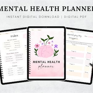 May include: A digital mental health planner displayed on three tablets. The planner features a pink brain graphic with flowers, and the text "MENTAL HEALTH PLANNER". The planner includes sections for self-care, triggers, and mood tracking.