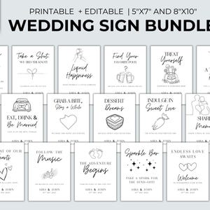 以下が含まれることがあります： 白黒の様々なフレーズとイラストが描かれた、印刷可能なウェディングサインのコレクションです。「Signature Drink」、「Eat, Drink & Be Married」、「Endless Love Awaits」などのフレーズが含まれています。このバンドルには100ページが含まれており、5インチx7インチと8インチx10インチのサイズで利用できます。