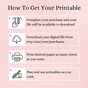 May include: A pink background with black text and icons explaining how to get a printable. The text says "How To Get Your Printable" and includes four steps: 1. Complete your purchase and your file will be available to download. 2. Download your digital file from etsy.com/your/purchases. 3. Print desired pages as many times as you want. 4. Plan and use printables as you wish.