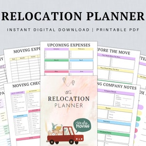 May include: A printable relocation planner with a pink and peach watercolor background. The planner includes sections for moving expenses, moving checklist, upcoming expenses, before the move, moving company notes, box inventory, and after the move. The cover features a red truck with boxes and the text "The Relocation Planner" and "We are moving".