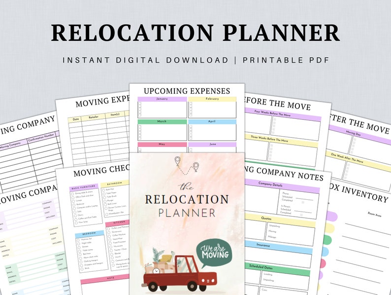 May include: A printable relocation planner with a pink and peach watercolor background. The planner includes sections for moving expenses, moving checklist, upcoming expenses, before the move, moving company notes, box inventory, and after the move. The cover features a red truck with boxes and the text "The Relocation Planner" and "We are moving".