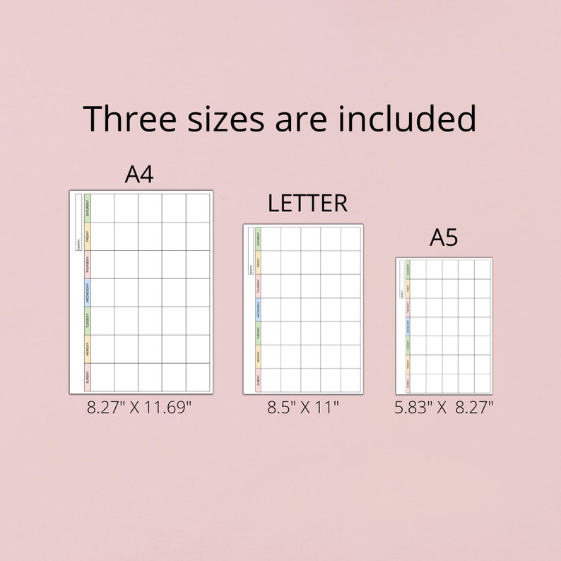 以下が含まれることがあります： A4（8.27インチ&times;11.69インチ）、レター（8.5インチ&times;11インチ）、A5（5.83インチ&times;8.27インチ）の3種類の印刷可能なプランナーページが表示されています。各ページには、さまざまなタスクのセクションと、メモ用のグリッドエリアを持つカラフルな垂直列があります。