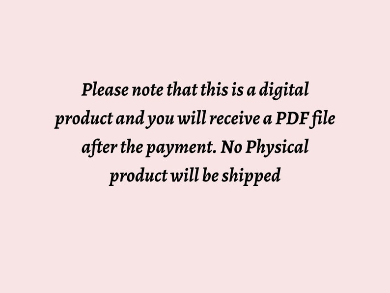 Puede incluir: Texto sobre un fondo rosa que dice: "Tenga en cuenta que este es un producto digital y recibir&aacute; un archivo PDF despu&eacute;s del pago. No se enviar&aacute; ning&uacute;n producto f&iacute;sico."