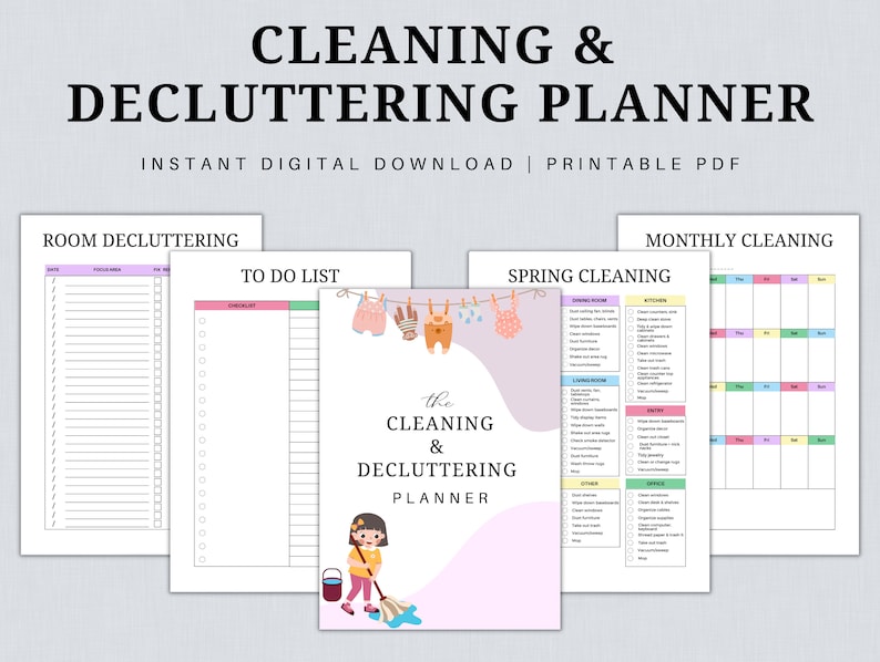 May include: Printable cleaning and decluttering planner with a checklist, a monthly calendar, a room decluttering list, and a spring cleaning checklist. The planner features a cartoon illustration of a person cleaning with a mop and bucket.