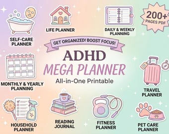 ADHD Mega Planer Bundle, 300+ Seiten, Produktivitäts-Journal (druckbares PDF), Putzplan, Entrümpelungs- & Putz-Routine, 3 Planer