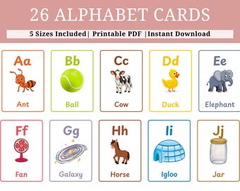26 ABC Flash Cards Printable, Preschool Alphabet Learning Cards, Toddler Phonics Flashcards, Kindergarten Learning Activity
