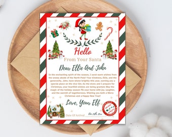 May include: A red and green striped card with a Christmas elf illustration and the text "Hello From Your Santa Dear Ellie And John". The card includes a message from Santa wishing Ellie and John a Merry Christmas and a Happy New Year.