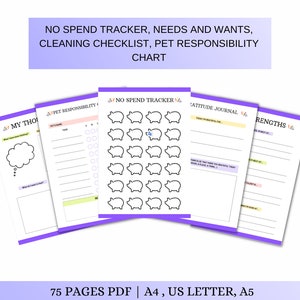 May include: A printable PDF planner with a purple and yellow color scheme. The planner includes sections for tracking spending, journaling, and pet responsibilities. The cover page features the text "NO SPEND TRACKER, NEEDS AND WANTS, CLEANING CHECKLIST, PET RESPONSIBILITY CHART".