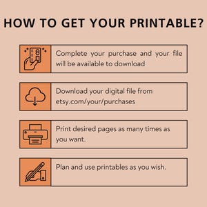Puede incluir: Una gu&iacute;a de cuatro pasos sobre c&oacute;mo obtener tu imprimible. Los pasos son: 1. Completa tu compra y tu archivo estar&aacute; disponible para descargar. 2. Descarga tu archivo digital desde etsy.com/your/purchases. 3. Imprime las p&aacute;ginas que desees tantas veces como quieras. 4. Planifica y usa los imprimibles como desees.