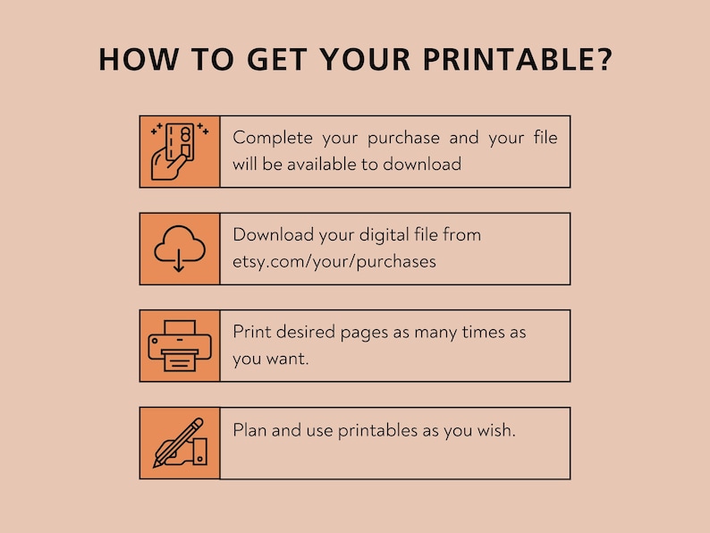 Puede incluir: Una gu&iacute;a de cuatro pasos sobre c&oacute;mo obtener tu imprimible. Los pasos son: 1. Completa tu compra y tu archivo estar&aacute; disponible para descargar. 2. Descarga tu archivo digital desde etsy.com/your/purchases. 3. Imprime las p&aacute;ginas que desees tantas veces como quieras. 4. Planifica y usa los imprimibles como desees.