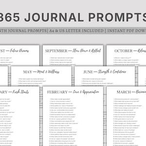 May include: A digital download of a journal with 365 prompts. The journal includes prompts for each month, such as "Future Dreams" in August and "Fresh Starts" in January. The text is in a clean, easy-to-read font.