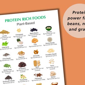 Puede incluir: Un gr&aacute;fico que enumera los alimentos ricos en prote&iacute;nas de origen vegetal con im&aacute;genes y gramos de prote&iacute;na por porci&oacute;n. El gr&aacute;fico incluye lentejas, garbanzos, frijoles negros, quinoa, edamame, tempeh, tofu, semillas de c&aacute;&ntilde;amo, semillas de ch&iacute;a, cacahuates, almendras, semillas de calabaza, ch&iacute;charos, amaranto, espelta, farro, semillas de girasol, pistachos, semillas de lino y seit&aacute;n.