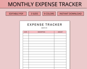 Editable Monthly Expense Tracker Printable, Fillable Expense Tracker, Spending Tracker, Business Expense Tracker, Transaction Log A4, Letter