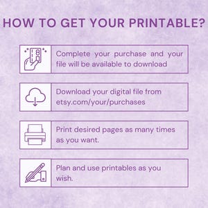 May include: A purple graphic with the text "HOW TO GET YOUR PRINTABLE?" and instructions: complete purchase, download file from etsy.com, print pages, and plan use. The background is a light purple.