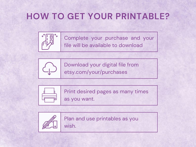 May include: A purple graphic with the text "HOW TO GET YOUR PRINTABLE?" and instructions: complete purchase, download file from etsy.com, print pages, and plan use. The background is a light purple.